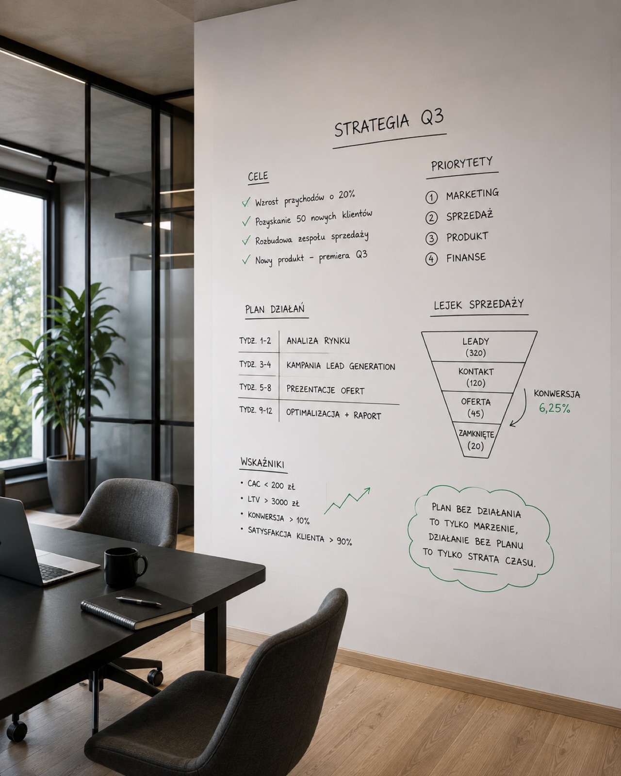 Personalizowana tablica hybrydowa z nadrukiem strategii firmy
